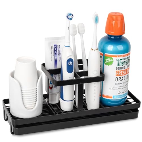 Toothbrush Holders Toothpaste Organizer Bathroom Accessories, Matte Black | Carbon Steel, 5 Slots, Removable Drip Tray, Easy to Clean, Electric Toothbrush Storage, for Countertop, Shower, Sink