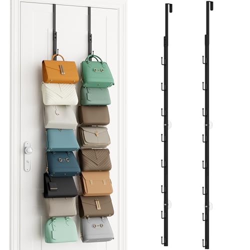 Over The Door Purse Organizer - 2 Packs Wall Mounted Purse Rack with 8 Hooks Design, Hanging Handbag Organizer Storage Holds up to 16 Bags, Bag Rack for Closet, Door (Black)