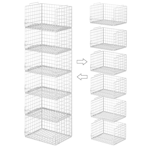 6-Tier Stackable Closet Organizers and Storage Basket - Foldable Closet Shelf Organizer System, Sturdy Metal Space-Saving Clothes Storage Bins for Wardrobe, White