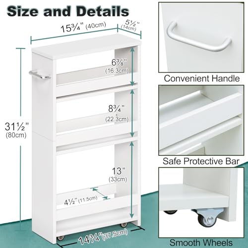 Slim Rolling Storage Cart, 4 Tier Utility Cart with Wheels, White | Laundry Room Organization, 5.5" Wide, Wood Kitchen Cart with Handle, Trolley for Kitchen Bathroom Narrow Place Small Corner