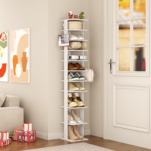 HOMEFORT 10-Tier Vertical Shoe Rack, Corner Shoe Tower, Slim Shoe Organizer with Two Hanging Hooks, Wooden Shoe Storage Stand for Entryway, Hallway, Closet (White)