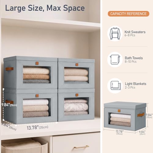 DIMJ Storage Bins with Lids - 6 Pack Front Opening Stackable Fabric Storage Boxes with Clear Window & Handles, Collapsible Closet Organizers for Clothes, Sweaters, Shelf Storage, Bedroom, Gray