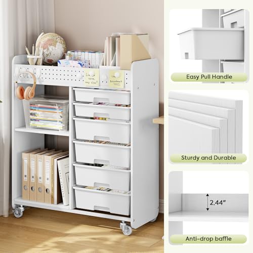 Rolling Craft Cart with 6 Drawers, Pegboard and Locking Wheels White | Ample multi-zone storage, 2 open shelves, art cart for classrooms, homeschool and offices, sturdy wood-metal frame