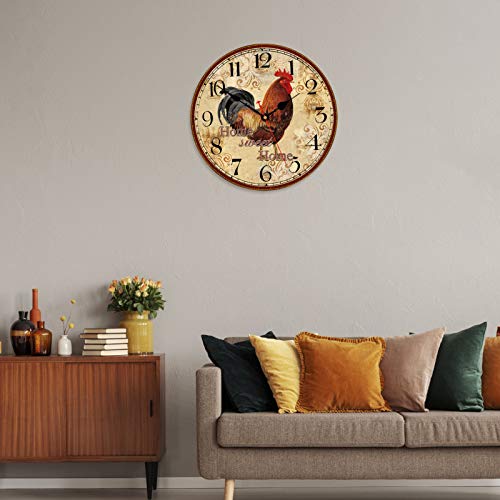 TAHEAT 12 Inch Rooster Wall Clock, Home Sweet Home Farmhouse Decor, Red Vintage Chicken Battery Operated Wall Clocks for Kitchen/Bedroom/Dining Room/Office