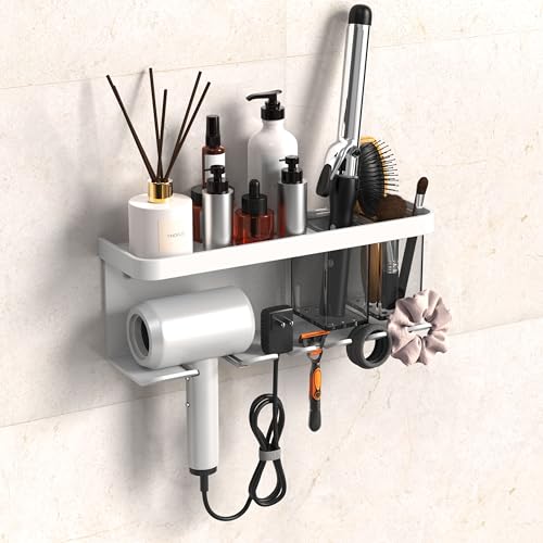 Hair Dryer Holder Wall Mounted Adhesive/Drilling,... (White | Aluminum)
