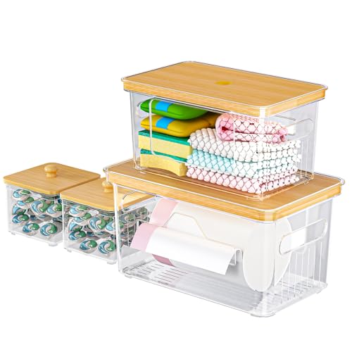 4 Pack Trash Bag Holder with Bamboo Lid, Stackable Garbage Bag Dispenser Under Sink, Storage Organizer for Kitchen, Laundry, Pantry (S+S+M+L)