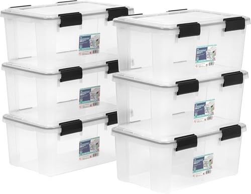 IRIS USA 6-Pack 19 Qt Storage Bins with Gasket Lids, Clear/Black | WeatherPro seal protects shoes, crafts, documents and supplies from dust and moisture