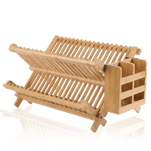 Bamboo Dish Drying Rack-2 Tier, Collapsible Small... (2-tier (Bamboo) | Bamboo)