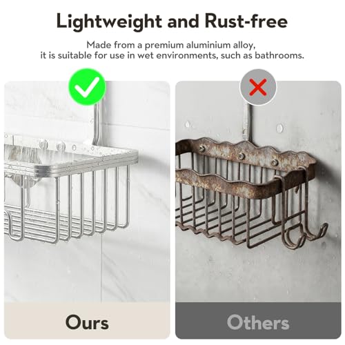 Shower Caddy Hanging, Never Rust Shower Organizer Hanging, Aluminum Shower Racks for Inside Shower with Hooks for Razor, Bathroom Organizers and Storage with Soap Holder, Bright Silver