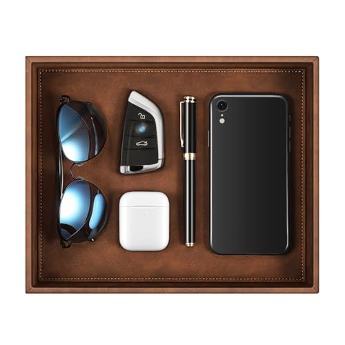 SITHON Valet Tray Desk Organizer PU Leather Catchall | Bedside Vanity Tray Nightstand Caddy Coin Box Key Jewelry Storage Organizer, Graduation, Brown