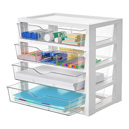 Clear Desktop Organizer, 4-Tier Drawer Storage wit... (White | Plastic)