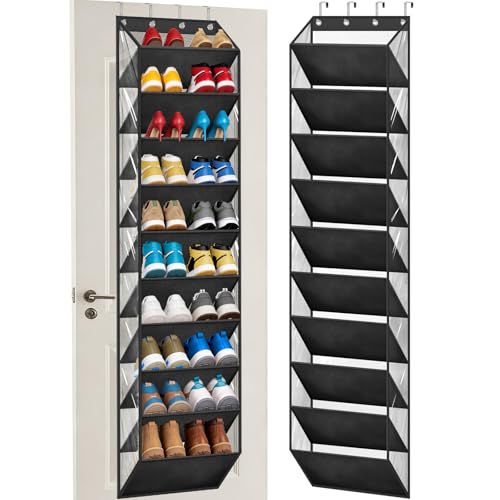 AOODA 10 Tier Clear Over the Door Shoe Organizer Storage, Deep Pockets Large Hanging Shoe Rack for Closet Door, Fit 20 Pairs Shoe Holder Hanger for Sneakers, Boots (Black)