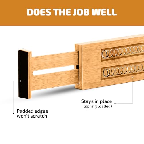4-Pack Drawer Dividers 2.6-Inch High Dresser Drawer Organizer 16 to 22 Inch | Bamboo, Spring Loaded, No Tools Needed, Fits Wide Drawers for Socks, Clothes, Utensils, Bedroom, Bathroom, Kitchen, Office
