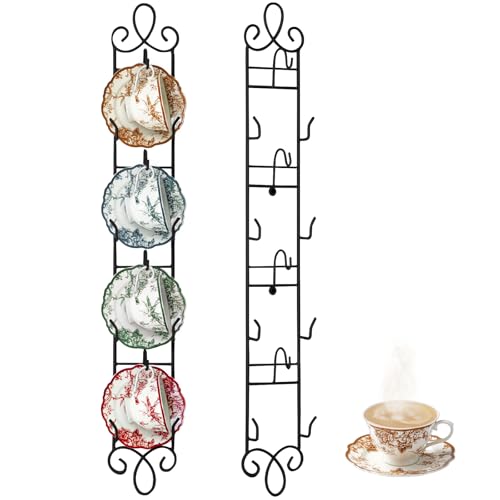 Blulu 2 Pcs Wall Mounted Tea Cup & Saucer Display Rack 4 Tiers,Black