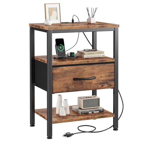 DUMOS Bedside Table with Charging Station and an Adjustable Fabric Drawer, and it is a Compact Nightstand, as Well as a 3-Tier Storage Organizer and an End Table for Bedroom, Brown
