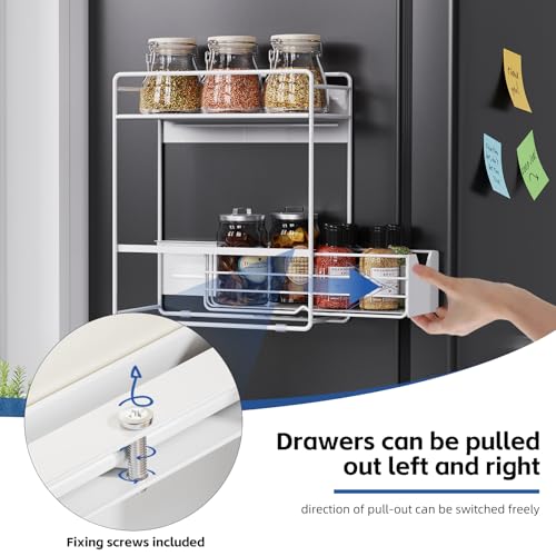 2 Tier Magnetic Shelves for Washing Machine with Pull Out Metal Drawer | Magnetic Spice Rack for Fridge,Magnetic Rack with no Installation,Versatile Storage Organizers for Home (White, 2 Tier)