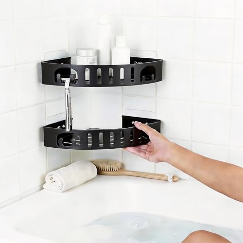 Adhesive Corner Shower Caddy with Hooks,No Drill Aluminum Shower Shelf 2PCS | Rustproof aluminum corner shower shelf with hooks,providing organized storage for shampoo,soap,razors and bathroom essentials