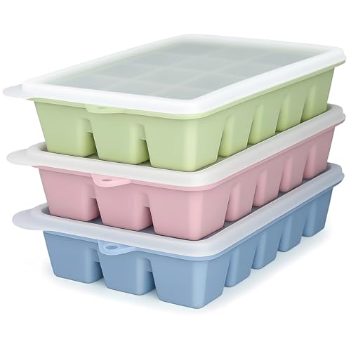 Upgraded Silicone Ice Cube Trays with Spill-Proof... (3 Count | Blue Green Pink | Silicone)