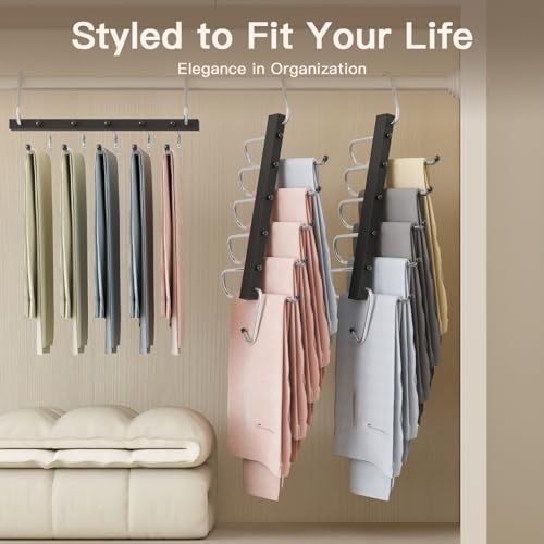 4 Pack Pants Hangers Space Saving,Closet Hanger Space Saver,Black | Stainless Steel , 5 Multi Tiers,Compact Hanging Jeans Organizer,Vertical Pant Rack for Jean Leggings Trousers,Scarf