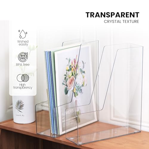 Vertical Magazine File Holder, Clear, 4 Pack | Plastic, Holds Magazines, Binders, Notebooks, Envelopes, Desk Organizer and Storage Bins