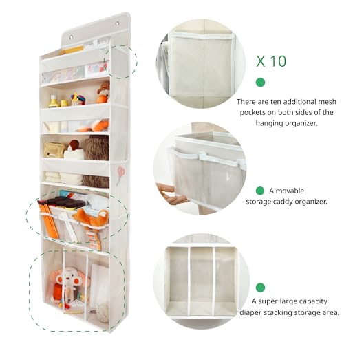 Door Hanging Storage Organizer,with 3 Bins 1 Movable Baby Diaper Caddy,1 Large capacity diaper stacking storage Organizer,10 Side Pockets ,Bedroom Door Storage for Nursery Baby Essentials. (Beige)