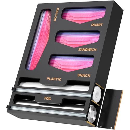 6 in 1 Bag Organizer and Wrap Dispenser with Magnetic Lid - Plastic Wrap Dispenser with Cutter for Kitchen Drawer, Storage for Gallon, Quart, Sandwich, Snack Bags, and Foil Black