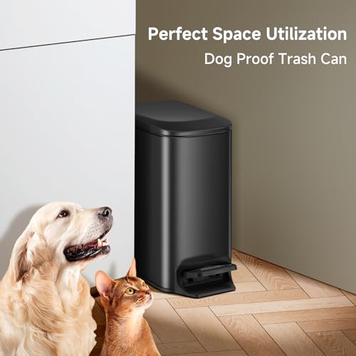 TIPGO Slim Bathroom Trash Can with Lid Soft Close, Step Pedal, 6 Liter / 1.6 Gallon Stainless Steel Garbage Can with Removable Inner Bucket, Anti-Fingerprint Finish (Matte Black)