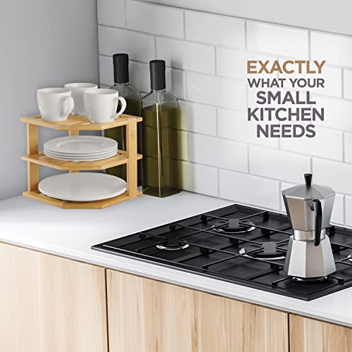 Plate Organizer for Cabinet, Corner Shelf, Bamboo 3-Tier Kitchen Organizer | Kitchen Cabinet Organizer, Corner Countertop Shelf, Holds Plates Bowls Mugs Cups, Kitchen Organization, Plate Rack Shelf