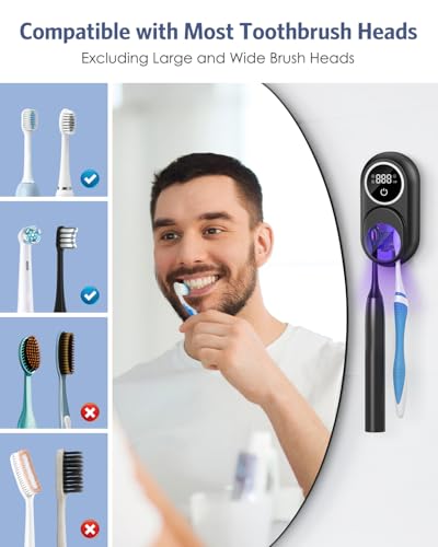 Toothbrush Sanitizer Holder, Upgraded UV Toothbrush Holder with Dual-Mode Clean & Fan Dry, LED Smart Screen, Auto-Inductive Cover, Toothbrush Wall Mounted Cleaner Organizer for Bathroom, Trip