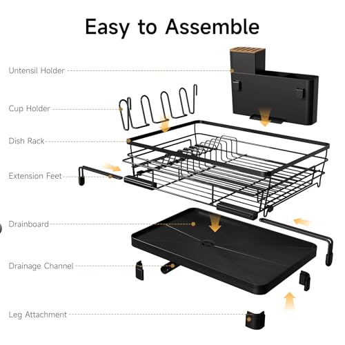 Dish Drying Rack - Expandable Large Dish Rack Over Sink | Drying Dish Drainer for Kitchen Counter, Stainless Steel Dish Strainer with Utensil Holder & Cup Holder, Black