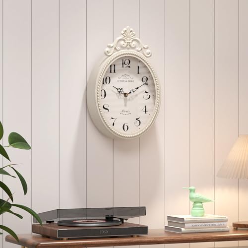 Abdurey Small French Retro Decor Wall Clock, Ivory White Vintage Oval Style | Silent Battery Operated Boho Decorative Wall Clocks for Farmhouse,Kitchen,Bedroom,Bathroom(10.4"H x 6.7"W)