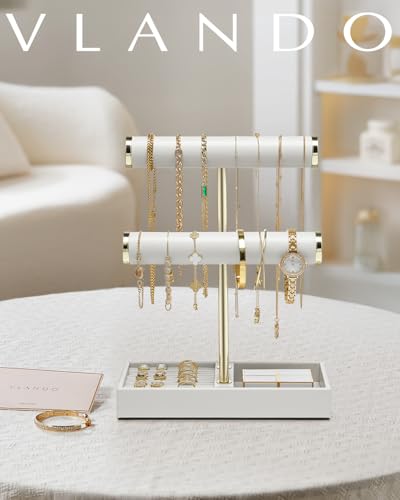 VLANDO 2 Tier Bracelet Holder with Tray - Leather Jewelry Stand Organizer for Women - Necklace Holder Display for Necklace, Watches, Rings, Earrings, Bangle, Scrunchie - White