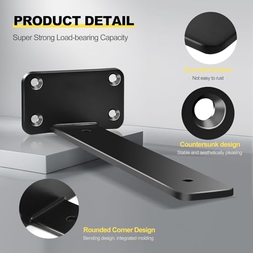 12 Pack - 10 inch Black Hidden L Shelf Bracket (1/5 Inch Thicked) Iron Floating Shelf Brackets Rustic Industrial Metal Brackets for Shelf Support