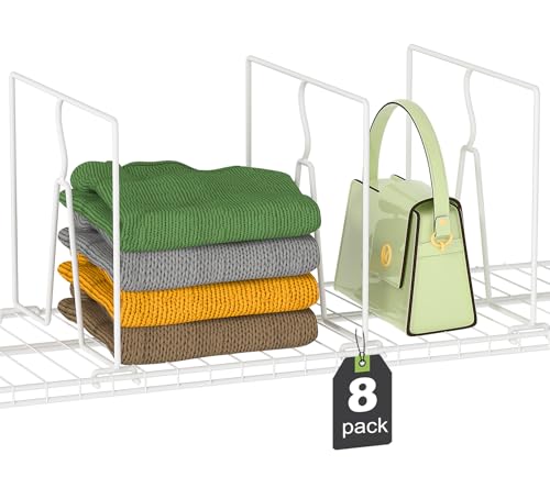 SortNStore Wire Shelf Dividers for Closet: Tall 10.6in x Deep 12in, 8 Pack | Wire Rack Accessories - Adjustable Purse Organizer for Clothes Handbags - Metal Pantry Separators