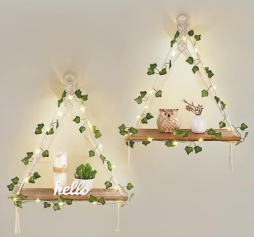 Macrame Wall Hanging Shelves Set of 2 with Artific... (2 Count | Ivory | Paulownia, Wood)