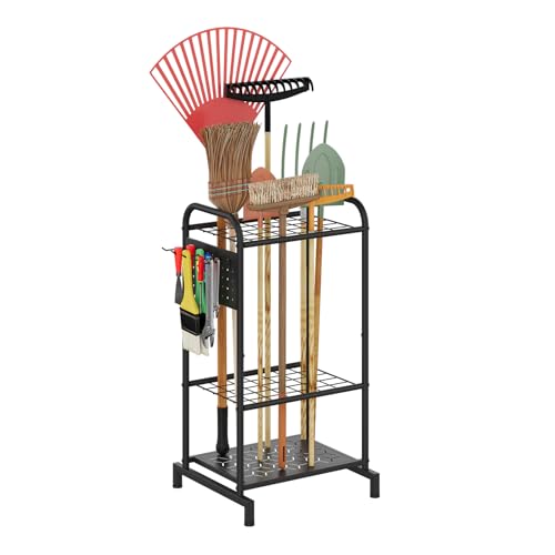 Garden Tool Organizer with Hooks, Steel Yard Storage Holder,Broom Holder | 3 Tier Garage Storage and Organization, Heavy Duty Tool Organizer for Garage, Yard, Patio, Shed, Indoors and Outdoors