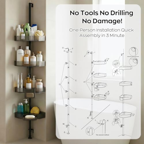 Corner Shower Caddy, Adjustable 4-Tier Rustproof Bathroom Organizer Shelves, 45-75 Inch No-Drill Quick Installation Bathtub Corner Shelf