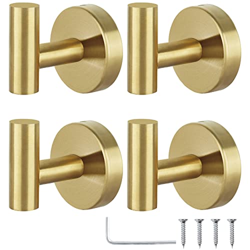 Towel Hooks Bathroom Coat Robe Hook Stainless Steel Heavy Duty Door Hanger Towel Robe Clothes Cabinet Wall for Bathroom Bedroom Kitchen Hotel Pool 4 Packs (Gold)