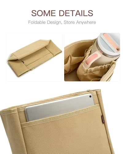 Tote Bag Organizer Insert with Stanley Cup Holder and Zipper Bag, Compatible with Neverfull, Saint Louis and More, 9 Pockets (Beige, Large)