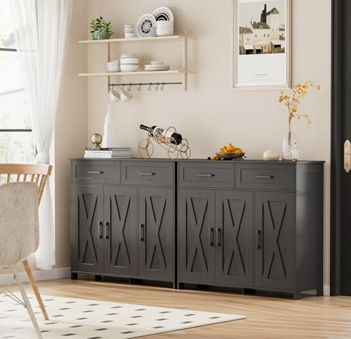 Coffee Bar Storage Cabinet with Drawers, Kitchen Buffet Cabinet | Sideboard Cabinet with Doors, Farmhouse Buffet Cabinet, Adjustable Shelves, for Kitchen / Dining / Living Room, Black