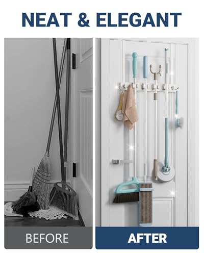 Lorbro Broom Holder Door Mount, Wood Over the Door Broom and Mop Holder | 4 Slots 4 Hooks, No Drill Setup, EVA Protection Pads, Secure Grip, Laundry Garage Closet Kitchen Use, White