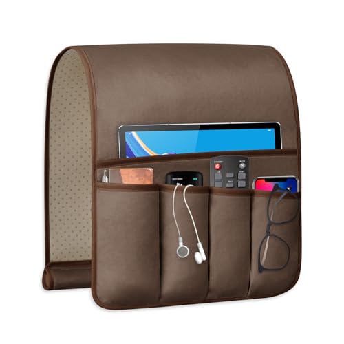 Remote Control Holder for Armchair Caddy, Remote Holder with 5 Pockets | Couch TV Remote Holder with Non-Slip Base, Bedside Caddy Organizer for Key Glasses Phone Magazine (Brown, 35"x12.4")