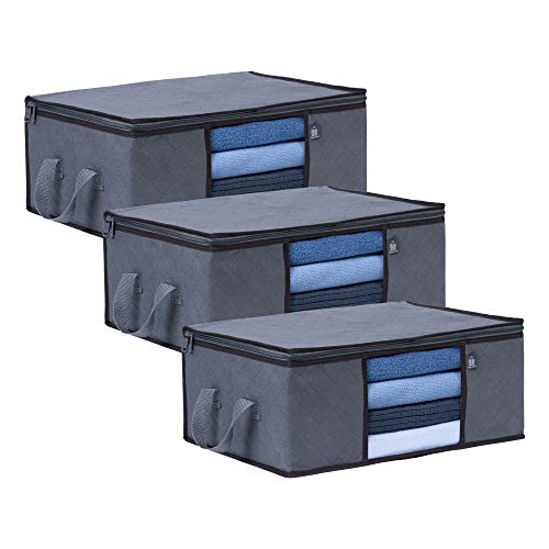 VENO 3 Pack Medium Clothes Storage Bag with Reinforced Handle 9.5 Gallon | Thick Container Bins Organizer for Blankets, Comforters, Bedding, Foldable w/ Sturdy Zipper, Clear Window, Grey(9.5 Gallon)