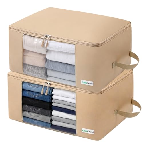 2 Pack Clothing Storage Bags Clothes Organizer folding fabric bags for sweaters, clothing, garment, bedding, quilt, linens, large folding organizers with zip & window (2 Pack Beige)