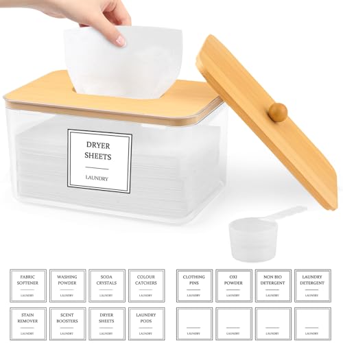 Dryer Sheet Holder, Clear Dryer Sheet Dispenser with Bamboo Lid | 16 Labels and Scoops, Dryer Ball Storage, Clothespin Holder, Laundry Pod Holder, Countertop Organizer for Laundry Rooms