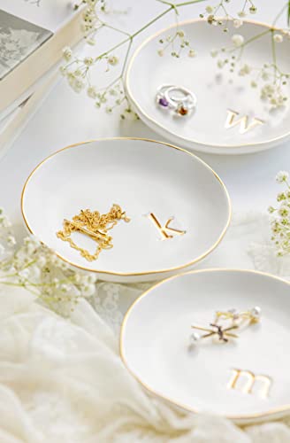 COLLECTIVE HOME Ceramic Jewelry Tray, Trinket Dish, Gifts for Women (M) | Mother's Day, Birthday, Christmas, Engagement Gifts, Vanity, Nightstand Decor, Embossed Gold Monogram Ring Dish with Gift Box