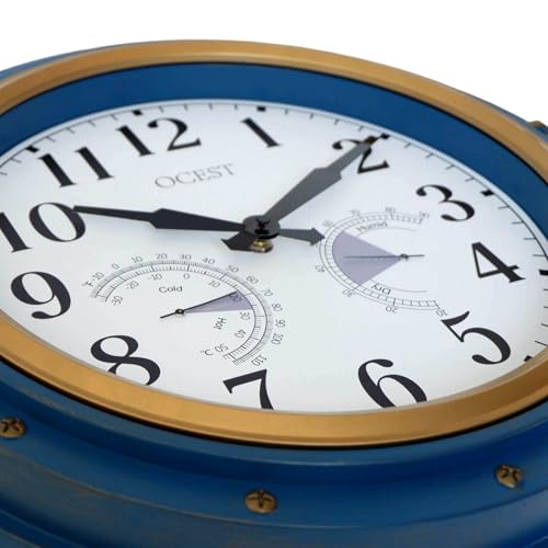 16 Inch Waterproof Outdoor Wall Clock, Thermometer Hygrometer | Silent non-ticking movement, battery powered, blue easy-read dial for patio, porch, garden, kitchen, and home decor
