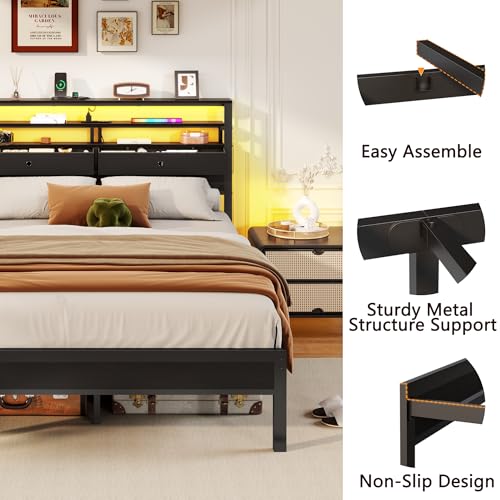 Full Size Bed Frame with Headboard & 2 Fabric Drawers, Black Oak