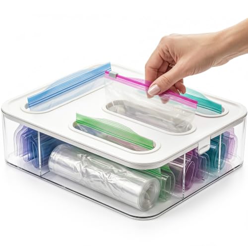 Bag Storage Organizer for Kitchen Drawer, Plastic Bag Container Holder | Quickly & Easily Stores Gallon, Quart, Sandwich, Snack | Space Saving Kitchen Organizer & Baggie Dispenser