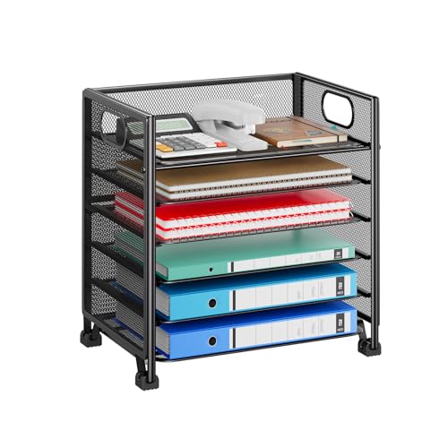 Simple Trending 6-Tier Paper Tray Organizer, File Organizer for Desk, Black | Letter Tray Holder with Handle. Sturdy Metal Frame. Non-slip Feet. Black for Office Home School. 13"L x 8.75"W x 14.6"H